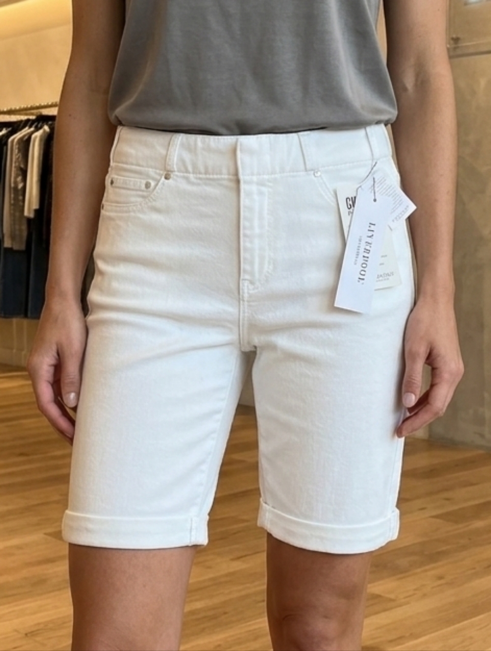 Liverpool White Denim Bermuda Shorts Stretch